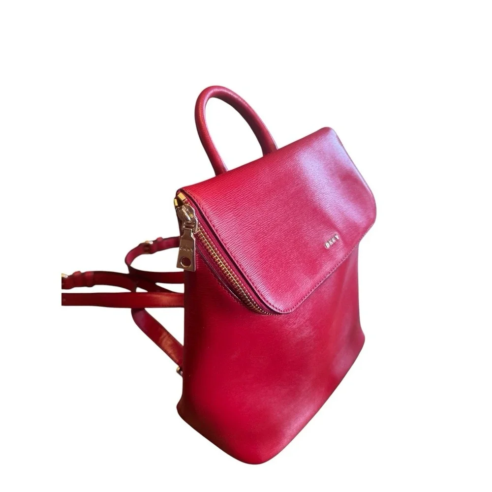 DKNY Bryant Red Leather Front Zipped Flap Over Backpack Purse Adjustable Straps